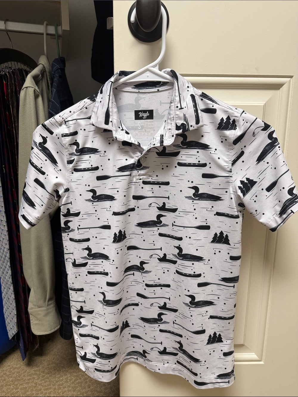 Waggle White Polo with Loon & Paddle Print - Kids